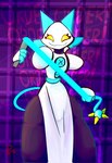 anthro clothed clothing female floating_hands holding_object holding_whip machine smile solo thick_thighs whip yellow_eyes sirphilliam deltarune undertale_(series) tasque_manager android darkner felid feline mammal robot hi_res