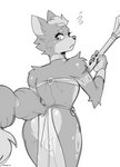 anthro armor backsack balls bottomwear bracers butt clothed clothing cosplay crossdressing femboy genitals krystal's_staff loincloth looking_at_viewer male markings nervous rear_view shy simple_background solo staff translucent translucent_clothing weapon conditional_dnp kippy nintendo star_fox fox_mccloud krystal_(star_fox) canid canine fox mammal 2021 digital_media_(artwork) monochrome