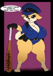 4_toes anthro baseball_bat bat_(object) big_breasts black_border border breasts clothed clothing dialogue feet female hat headgear headwear horny_bat huge_breasts police police_uniform simple_background solo text thick_thighs toes uniform conditional_dnp suirano go_to_horny_jail canid canine canis domestic_dog mammal shiba_inu spitz 2021 digital_media_(artwork) english_text hi_res meme