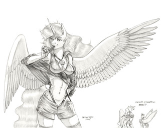 anthro big_breasts bottomwear breasts cleavage clothed clothing cosplay cutie_mark dialogue duo feathers female food hair hand_in_shorts holding_food holding_object holding_popsicle horn jacket mane navel nipple_outline open_mouth popsicle popsicle_in_mouth shorts spread_wings tail text topwear unicorn_horn wing_boner wings baron_engel cowboy_bebop friendship_is_magic hasbro my_little_pony mythology faye_valentine princess_celestia_(mlp) twilight_sparkle_(mlp) equid equine mammal mythological_creature mythological_equine winged_unicorn 2026 greyscale monochrome signature