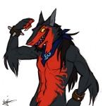 2012 airu anthro bandanna bracelet clothing flexing jewelry kerchief looking_at_viewer male mammal max_power muscular muscular_anthro muscular_male sergal simple_background solo teeth yellow_eyes