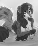 5_fingers anthro chest_tuft female fingers fur hair looking_at_viewer lying nude on_front solo tuft hauringu sheltie_(ragingphxp) canid canine canis domestic_dog mammal 2018 digital_media_(artwork) greyscale monochrome