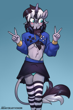 anthro black_hair blue_clothing blue_eyes blue_panties blue_underwear blush bottomwear bulge clothed clothing cropped_hoodie crossdressing crossdressing_male double_v_sign femboy footwear fur gesture gradient_background grey_body grey_fur hair hand_gesture horn legwear male multicolored_hair panties pattern_clothing pattern_footwear pattern_legwear pattern_socks simple_background skirt socks solo standing striped_clothing striped_footwear striped_socks stripes tail tail_tuft thigh_highs thigh_socks thong_straps tuft two_tone_hair underwear v_sign white_hair jedayskayvoker hasbro my_little_pony mythology fan_character grayscale_(stripedpone) dragon kirin kirin_(mlp) mythological_creature mythological_scalie scalie 2025 2:3 absurd_res alternate_version_at_source hi_res