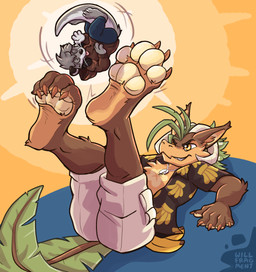 anthro banana blep bovid_horn caprine_horn claws clothing curling_toes dizzy_eyes duo electronics feet food foot_focus foot_juggling fruit fur grass_hair grin headphones hoodie horn leaf leaf_tail male male/male plant ram_horn shell_necklace size_difference smile spiral spiral_eyes tail toe_claws tongue tongue_out topwear tossing neonfragment kalei_(hydro19) elemental_creature flora_fauna furred_kobold furred_scalie hybrid kobold mammal mustelid otter scalie absurd_res hi_res