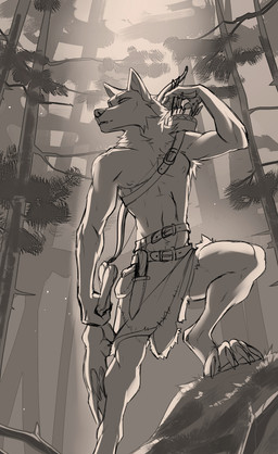 4_toes 5_fingers anthro day detailed_background feet fingers forest grass male outside plant solo toes tree drmax canid canine canis mammal wolf 2021 digital_media_(artwork) hi_res
