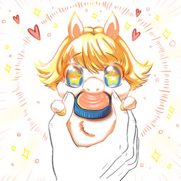 ambiguous_feral ambiguous_gender ambiguous_human blonde_hair bottle_cap daww drinking duo feral fur hair heart_symbol holding_object hooves juice_(beverage) mostly_offscreen_character orange_juice size_difference solo_focus sparkles star_pupils white_body white_fur yellow_hooves young young_ambiguous young_feral yellowcottoncandy030 fluffy_pony fluffy_pony_(species) human mammal 1:1 2025 digital_media_(artwork) hi_res partially_colored