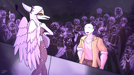 anthro bald big_breasts black_bottomwear black_clothing black_crop_top black_pants black_shirt black_topwear blue_body bone_frill bottomwear breasts canon_couple cheering chef_hat clothed clothed_anthro clothed_female clothed_human clothed_male clothing collar concert crop_top crowd excited eyes_closed facial_horn feathered_wings feathers female fingers frill_(anatomy) group hair hair_bun half-closed_eyes happy hat headgear headwear horn human_on_anthro humanoid_hands interspecies jacket long_hair looking_at_another male male/female markings medium_breasts narrowed_eyes non-mammal_breasts open_clothing open_jacket open_mouth open_smile open_topwear orange_eyes pants shirt singing smile spiked_collar spikes spotlight_beam striped_markings stripes text topwear torn_bottomwear torn_clothing torn_pants twin_buns white_body white_feathers white_hair wings yellow_clothing yellow_jacket_(clothing) yellow_topwear alexsavenije cavemanon_studios cooking_with_tracy goodbye_volcano_high hold_onto_mi ko_op_(game_developer) puppet_pals snoot_game anon_(snoot_game) fang_(gvh) heather_(snoot_game) judee leo_(gvh) mimi_(hold_onto_mi) naomi_(gvh) naser_(gvh) nick_(gvh) principal_spears reed_(gvh) rosa_(gvh) sage_(gvh) samantha_(snoot_game) schizo_chan_(snoot_game) stella_(gvh_beta) tiffany_(hold_onto_mi) tracy_(cwt) trish_(gvh) tusk_(snoot_game) vev_(purplekatsnek) acrocanthosaurus allosauroid aquatic aquilops archaic_human baryonyx carcharodontosaurid ceratopsian ceratopsid chasmosaurine compsognathid compsognathus dinosaur dromaeosaurid hadrosaurid hominin human liopleurodon mammal marginocephalian microraptor neanderthal ornithischian ornithopod parasaurolophus plesiosaur pliosaur prehistoric_species primate pterosaur reptile saurischian scalie spinosaurid stegosaurian stegosaurus theropod thyreophoran triceratops troodon troodontid velociraptor 16:9 4k absurd_res artist_name colored hi_res widescreen