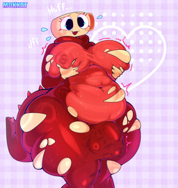anthro belly big_belly big_breasts bodily_fluids breasts breath bulge clothed clothed_gynomorph clothed_intersex clothing detailed_bulge flying_sweatdrops fossil genital_outline gynomorph heart_symbol herm holding_breast intersex panting penis_outline solo sweat sweatdrop tail thick_thighs torn_clothing wardrobe_malfunction mokkat blushcrunch_studio dandy's_world shelly_(dandy's_world) toon_(dandy's_world) 2025 absurd_res digital_media_(artwork) hi_res