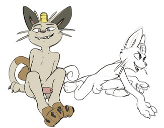 animal_genitalia anthro balls black_claws black_ears brown_markings claws cute_fangs dipstick_tail fangs fully_sheathed fur genitals half-erect head_ornament humanoid_genitalia humanoid_penis leg_markings male markings open_mouth open_smile penis pounce_pose sheath simple_background sitting smile smirk smug socks_(marking) solo tail tail_markings tan_body tan_fur teeth whiskers white_background mindkog nintendo pokemon generation_1_pokemon meowth pokemon_(species) 2023 colored digital_media_(artwork) hi_res multiple_images sketch