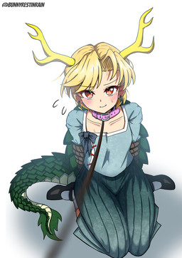 antlers arms_tied black_clothing black_footwear black_shoes blonde_hair blue_clothing blue_shirt blue_topwear blush bodily_fluids bottomwear bound clothed clothed_female clothed_humanoid clothing collar collarbone female first_person_view flying_sweatdrops footwear fully_clothed fully_clothed_female fully_clothed_humanoid green_bottomwear green_clothing green_skirt green_tail green_tail_tuft hair hands_behind_back horn leash leashing_pov looking_at_viewer offscreen_character pink_collar pleated_skirt red_eyes shirt shoes short_hair simple_background sitting skirt smile socks solo sweat sweatdrop tail tail_tuft topwear tuft wariza white_background white_clothing white_footwear white_socks yellow_antlers sleepymoon mythology touhou yachie_kicchou animal_humanoid dragon dragon_humanoid eastern_dragon eastern_dragon_humanoid humanoid mythological_creature mythological_scalie scalie absurd_res hi_res