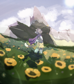 anthro cloak clothing cloud day flower hill light looking_up magic_user male mountain nature orange_eyes outing plant relaxing solo sunlight tail wind roralon_(artist) snowtrap_(character) domestic_cat felid feline felis mammal absurd_res hi_res