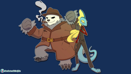 anthro clothed clothed_anthro clothed_male clothing coat detective_hat duo headgear headwear male multicolored_body partially_clothed ramon_(reiss) suit_and_tie topwear trenchcoat codyf0xx nintendo pokemon rex_(reiss) generation_6_pokemon generation_8_pokemon inteleon pangoro pokemon_(species) 16:9 alpha_channel hi_res widescreen