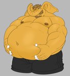 anthro belly big_belly clothed clothing eyebrows facial_hair hair huge_belly macro male musclegut muscular navel overweight overweight_anthro overweight_male solo trunk polartoons appledectomy elephant elephantid mammal proboscidean absurd_res hi_res