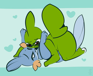 anthro anthro_on_anthro big_butt blue_body blue_scales blue_spots brown_eyes butt cheek_fins claws duo eagle_position female female_on_bottom fin from_front_position green_background green_body green_scales head_fin heart_background heart_symbol interspecies legs_up lying male male/female male_on_top markings no_pupils nude on_back on_bottom on_front on_top one_eye_closed orange_body orange_cheeks orange_scales pattern_background scales sex simple_background smile spots spotted_body spotted_scales striped_background tail tail_fin thick_thighs toe_claws tongue tongue_out white_claws white_eyes thefablednekos nintendo pokemon jay_(thefablednekos) mabel_(thefablednekos) generation_2_pokemon generation_3_pokemon larvitar mudkip pokemon_(species) 2020 dated digital_media_(artwork) hi_res