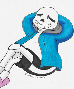 anterior_nasal_aperture black_clothing blue_clothing blue_jacket blue_topwear bone bottomwear clothed clothing crossed_legs drawstrings eyes_closed footwear grey_clothing grey_hood hands_behind_head jacket male not_furry pink_clothing pink_footwear pink_shoes pink_slippers relaxing shoes shorts skeleton slightly_chubby slippers smile socks solo teeth topwear white_body white_clothing lunarpanda8686 undertale undertale_(series) sans_(undertale) animated_skeleton humanoid undead hi_res marker_(artwork) traditional_media_(artwork)