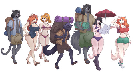 anthro backpack bedroll bikini black_body black_fur black_hair black_tail blue_eyes boots bottomwear brown_backpack bulge clothed clothing collared_shirt dress_shirt female footwear fur group hair male open_clothing open_shirt open_topwear red_hair sandals shirt shoes shorts simple_background sneakers swimwear tail topwear two-piece_swimsuit white_background white_body white_fur white_tail tadano anika_stelida anya_stelida eva_stelida ivy_stelida myka_stelida richard_stelida scott_stelida american_mink mammal mink mustelid musteline neovison true_musteline hi_res