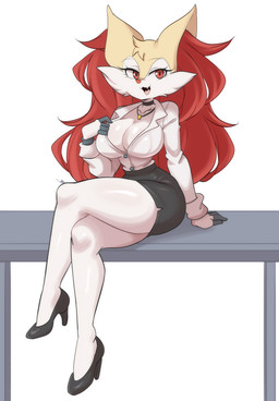 anthro big_breasts bottomwear breasts cleavage clothed clothing collared_shirt crossed_legs dress_shirt eyelashes fangs female footwear fur furgonomics high_heels inner_ear_fluff looking_at_viewer markings monotone_body office_lady open_mouth pencil_skirt pumps red_eyes red_nose shirt shoes skirt solo teeth topwear tuft lucyfercomic nintendo pokemon braixen canid generation_6_pokemon mammal pokemon_(species) 2026 absurd_res hi_res