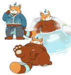 3_toes anthro anus balls bathing belly bottomwear brown_body bulge butt clothing erection eyes_closed feet genitals kemono male moobs orange_body overweight overweight_male pants penis solo toes towel towel_on_head water flappydog ailurid mammal red_panda 2024 hi_res