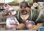 anthro brown_body brown_fur brown_hair cake_batter cooking duo femboy fur hair kerchief male pink_body pink_fur scar size_difference smile chuurow lifewonders tokyo_afterschool_summoners tanetomo_(tas) yasuyori_(tas) canid canine canis domestic_dog mammal absurd_res hi_res