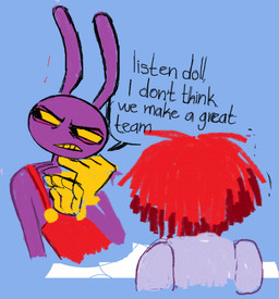 alternative_fashion anthro black_eyes blue_clothing blue_dress clothed clothing doll dress duo eyebrows female fur gloves hair handwear j-fashion lolita_(fashion) long_ears male overalls purple_body purple_ears purple_fur rag_doll_(toy) rear_view red_clothing red_hair red_overalls speech_bubble sweet_lolita tan_body teeth text yellow_clothing yellow_gloves yellow_handwear yellow_sclera yellow_teeth light-koe-pinsky glitch_productions the_amazing_digital_circus jax_(tadc) ragatha_(tadc) animate_inanimate humanoid lagomorph leporid living_doll living_toy mammal rabbit english_text hi_res