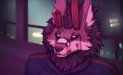 anthro black_nose black_sclera blood bodily_fluids broken_horn brown_body brown_face brown_fur cheek_tuft clothed clothing detailed_background facial_tuft fur horn inner_ear_fluff looking_up male multicolored_body neck_tuft purple_eyes purple_light solo tuft two_tone_body white_body white_fur wolfarion blade_runner blade_runner_2049 wolfarion_(character) canid canine canis demon hybrid mammal wolf 2025 colored meme redraw shaded
