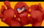 5_toes anthro bodily_fluids feet foot_fetish foot_focus fur humanoid_feet looking_at_viewer male nude plantigrade red_body red_fur simple_background skin_folds soles solo sweat toes tongue tongue_out yellow_background zlozilla sega sonic_the_hedgehog_(series) knuckles_the_echidna echidna mammal monotreme