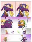 a_link_between_worlds alderion-al blonde_hair blue_eyes border clothing comic confusion elf female green_clothing green_eyes green_headwear group hair headgear headwear hi_res humanoid humor link male male/female motion_blur nintendo not_furry princess_hilda princess_zelda purple_hair ravio running the_legend_of_zelda white_border