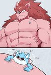 2_panel_comic abs anthro biceps big_muscles blue_body blue_fur blush canid canine canis city duo fur grey_background hair huge_muscles looking_down_at_another macro male mammal muscular muscular_anthro muscular_male pec_grab pecs question_mark red_hair serratus simple_background soonico wolf