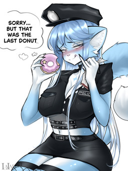 anthro belt big_breasts black_bottomwear black_clothing black_hat black_headwear black_skirt blue_body blue_eyes blue_fur blue_hair blue_tail blush bottomwear breasts choker cleavage clothed clothing dessert dialogue dipstick_tail doughnut dress_up eating female female_anthro fingers fishnet_clothing fishnet_legwear food fur hair hat headgear headwear holding_food holding_object inner_ear_fluff jewelry legwear licking licking_lips licking_own_lips lips long_hair looking_at_viewer markings midriff miniskirt multicolored_body multicolored_fur multicolored_tail navel necklace pastry police police_hat police_uniform shirt simple_background skirt solo tail tail_markings text text_on_clothing thick_thighs thigh_highs thinking thought_bubble tongue tongue_out topwear tuft two_tone_body two_tone_fur uniform white_background white_body white_fur white_hair laladeei kiki_(laladeei) canid canine domestic_cat felid feline felis mammal absurd_res english_text hi_res