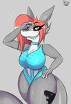 absurd_res anthro bikini breasts clothed clothing digital_media_(artwork) female fennythefox fish hair hi_res marine shark simple_background small_breasts smile solo swimwear tail tattoo teeth thick_thighs
