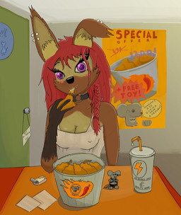 anthro brown_body brown_fur choker date ear_piercing eating female food fur hair jewelry necklace nipple_outline piercing purple_eyes red_hair restaurant solo miyuka kfc prostokvashino tama-tama canid hybrid mammal