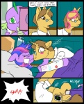 2013 bandage bedding blanket blush brown_body brown_eyes brown_fur brown_hair camera cast clothed clothing comic cutie_mark dialogue digital_media_(artwork) doctor doctor_stable_(mlp) dragon english_text equid equine eyes_closed eyewear female feral forced forced_kiss friendship_is_magic fur glasses group hair hasbro horn hospital inside intravenous kissing magic male male/female mammal mane medical metal_(artist) multicolored_hair my_little_pony mythological_creature mythological_equine mythological_scalie mythology patient pillow purple_body purple_eyes purple_fur purple_hair scalie speech_bubble spike_(mlp) text twilight_sparkle_(mlp) two_tone_hair unicorn