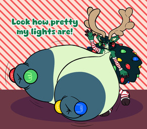 anthro antlers areola barbell_piercing big_areola big_breasts breasts chest_tuft choker christmas_decorations christmas_lights clothing countershading dialogue eyelashes female fur green_body green_eyes green_fur green_hair green_nipples hair holidays hooves horn huge_areola huge_breasts hyper hyper_breasts jewelry legwear lights_in_hair long_eyelashes markings motion_lines necklace nipple_dip nipple_piercing nipples pattern_clothing pattern_legwear pattern_stockings piercing puffy_nipples red_nose simple_background solo spots spotted_body spotted_fur stockings striped_clothing striped_legwear striped_stockings stripes text tuft sprucy christmas deer mammal new_world_deer reindeer english_text hi_res