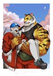 anthro clothing duo facial_scar hat headgear headwear male male/male muscular muscular_anthro muscular_male red_clothing scar sharp_teeth smile teeth twitter_logo vein veiny_muscles traver009 twitter anon coach_ho felid humanoid mammal pantherine tiger absurd_res hi_res