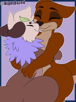 anthro boop brown_body brown_fur cheek_tuft cuddling duo eyebrows eyes_closed facial_tuft female fluffy fur hug leaf leaf_on_head neck_tuft nose_boop paws purple_body purple_fur smile tail tail_motion tailwag tan_body tan_fur tuft nightdazed lessy_blueberry olivia_lutra mammal mustelid otter sea_otter 2025 animated digital_media_(artwork) hi_res loop watermark