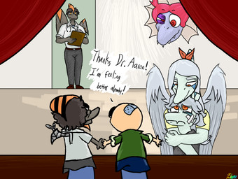 anthro bandage bandage_on_face biped bottomwear brown_body brown_hair bruised bruised_eye clipboard clothed clothed_female clothed_male clothing doctor feathered_wings feathers female fingers frown grey_body grey_bottomwear grey_clothing grey_feathers grey_hair grey_pants group hair happy holding_clipboard holding_object hug hugging_another hugging_from_behind humanoid_hands inside long_hair looking_at_another male mostly_offscreen_character orange_body orange_eyes pants puppet puppet_show sad shirt short_hair smile standing text topwear white_clothing white_shirt white_topwear wings yellow_clothing young young_anthro young_male 2sleepee cavemanon_studios goodbye_volcano_high ko_op_(game_developer) snoot_game anon_(snoot_game) fang_(gvh) green_(snoot_game) naser_(gvh) petunia_(iwhtg) brachiosaurid brachiosaurus dilophosaurid dilophosaurus dinosaur hybrid macronarian prehistoric_species pterosaur reptile saurischian sauropod sauropodomorph scalie spinosaurid spinosaurus theropod 2026 colored english_text shaded mother_(lore) mother_and_child_(lore) mother_and_son_(lore) parent_(lore) parent_and_child_(lore) parent_and_son_(lore) son_(lore)