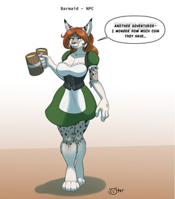 after_transformation alcohol alternative_fashion anthro barmaid beer beer_mug beverage body_control breasts clothing corset country_lolita dialogue dress fangs female fur green_clothing green_dress j-fashion lingerie lolita_(fashion) markings npc simple_background solo speech_bubble spots spotted_body spotted_fur teeth text topwear oter felid feline lynx mammal english_text hi_res