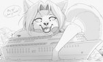 ambiguous_gender anthro cheek_tuft claws cruise_ship dialogue extreme_size_difference facial_tuft fangs female female_anthro fluffy fluffy_tail fur hair inner_ear_fluff landscape_dwarfing larger_anthro larger_female looking_down looming macro macro_anthro macro_female merchant_ship micro_ambiguous micro_anthro mountain open_mouth outside palm_tree passenger_ship plant ship size_difference smaller_ambiguous smaller_anthro solo speech_bubble tail teeth text tongue tree tuft utility_pole vehicle water watercraft s2-freak canid canine canis domestic_dog husky mammal nordic_sled_dog siberian_husky spitz digital_drawing_(artwork) digital_media_(artwork) english_text greyscale hi_res monochrome signature watermark