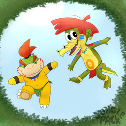 anklet bottomwear clothing duo jewelry jumping loincloth looking_at_viewer male navel necklace nipples shell-less toony tribal young tribaldragon arlo_the_alligator_boy mario_bros nintendo arlo_beauregard bowser_jr. 1:1 absurd_res hi_res