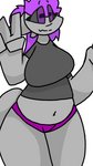 anthro belly big_breasts black_body black_clothing black_sclera black_topwear bottomwear breasts clothed clothing female fingers fur grey_body grey_fur hair horn navel non-mammal_breasts panties purple_clothing purple_eyes purple_hair purple_underwear sharp_teeth shirt simple_background smile solo teeth topwear underwear lewd_can mythology dragon mythological_creature mythological_scalie reptile scalie 9:16 digital_media_(artwork) hi_res