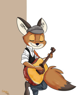 acoustic_guitar anthro brown_body brown_fur clothed clothed_anthro clothed_male clothing dipstick_tail eyes_closed fingers fur grey_clothing grey_hat grey_headwear guitar guitarist hat headgear headwear holding_guitar holding_musical_instrument holding_object male male_anthro markings mouth_closed music musical_instrument musician plucked_string_instrument smile solo string_instrument tail tail_markings topwear ocerydia bad_guy_cafe michael_kittson canid canine fennec_fox fox mammal true_fox
