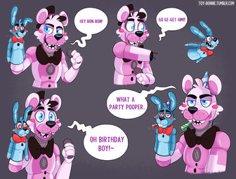 bow_(feature) bow_tie clothing hat headgear headwear machine puppet simple_background speech_bubble text top_hat toy-bonnie five_nights_at_freddy's scottgames sister_location funtime_freddy_(fnafsl) puppet_bonnie_(fnafsl) animatronic bear lagomorph leporid mammal rabbit robot 2019 comic digital_media_(artwork) english_text url