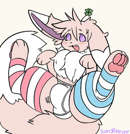 blush briefs brown_body bulge clothing dipstick_tail erection femboy feral fluffy fluffy_tail fur genitals legwear looking_at_viewer male markings open_mouth pawpads presenting purple_eyes simple_background smile solo spread_legs spreading tail tail_markings thick_thighs thigh_highs tighty_whities tuft underwear white_briefs white_clothing white_underwear sunspikevee nintendo pokemon kovee canid canine eevee eeveelution generation_1_pokemon mammal pokemon_(species) shiny_pokemon digital_media_(artwork)