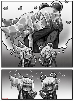 blush bodily_fluids cross-popping_vein duo ears_down eye_contact female female/female flying_sweatdrops gradient_background heart_symbol hearts_around_head hug imagination kissing looking_at_another monochrome_body nervous pivoted_ears simple_background sweat sweatdrop text thought_bubble morbidlycutecrunch chiyo_(morbidlycutecrunch) ichika_(morbidlycutecrunch) animal_humanoid goo_creature goo_humanoid humanoid hybrid lagomorph lagomorph_humanoid leporid_humanoid mammal mammal_humanoid rabbit_humanoid absurd_res comic english_text hi_res
