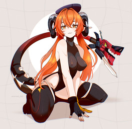 bayonet bedroom_eyes black_clothing black_legwear black_leotard black_stockings black_thigh_highs blade blade_tail clothing curved_horn cybernetic_horn cybernetic_limb cybernetic_tail cybernetics duo eyelashes female garter_straps gun hair horn humanoid_pointy_ears kneeling knife legwear leotard living_tail machine narrowed_eyes nipple_outline orange_eyes orange_hair pointy_ears ranged_weapon seductive stockings tail tail_blade tail_gun tail_mouth thigh_highs unusual_anatomy unusual_tail weapon weapon_tail unreal_fish mihoyo zenless_zone_zero magus_(zenless_zone_zero) orphie_magnusson chimera cyborg horned_humanoid humanoid tailed_humanoid absurd_res hi_res