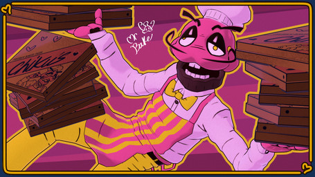 anthro apron belt black_eyelids border bottomwear bow_tie box buckteeth chef chef_hat clothing container facial_hair food hat headgear headwear holding_box holding_container holding_object holding_pizza_box machine male mustache not_furry open_mouth outline pants pattern_apron pattern_background pattern_clothing pink_apron pink_clothing pink_hands pizza_box shirt simple_background solo striped_apron striped_background striped_clothing stripes teeth text topwear white_clothing white_shirt white_topwear yellow_border yellow_bottomwear yellow_bow_tie yellow_clothing yellow_eyes yellow_outline yellow_pants cryptiacurves cryptiacurves_(modeler) fazclaire's_nightclub five_nights_at_freddy's scottgames cupcake_(fnaf) mr._bake_(cryptiacurves) animatronic food_creature living_cupcake robot robot_anthro 16:9 2026 3d_(artwork) cel_shading character_name digital_media_(artwork) english_text shaded widescreen