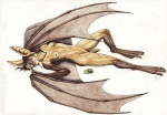 breasts brown_hair claws ear_piercing female food fruit hair kiwifruit looking_at_viewer lying membrane_(anatomy) membranous_wings navel nipples nude on_back piercing plant realistic_wings simple_background solo toe_claws tongue white_background wings nelena bat mammal 2011