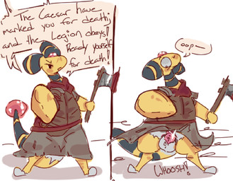 accident accidental_exposure anthro axe balls black_markings brown_clothing caesars_legion chastity_cage chastity_device clothed clothed_anthro clothed_male clothing embarrassed fighting_pose fur genitals imminent_fight intimidation looking_down looking_down_at_genitalia looking_down_at_penis looking_down_at_self male male_anthro markings no_underwear onomatopoeia pink_chastity_cage pose semi-anthro simple_background solo sound_effects standing tail text wardrobe_malfunction wearing_chastity_cage wearing_chastity_device white_background white_body white_fur wind_blowing_skirt yellow_body xurora fallout microsoft nintendo pokemon sobel_(xurora) ampharos generation_2_pokemon pokemon_(species) 2025 colored english_description english_text hi_res multiple_scenes