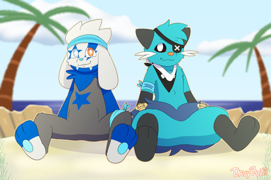 bandage bandaged_arm bandaged_leg beach clothing duo eye_patch eyewear fur fur_clothing fur_markings kerchief looking_at_viewer male male/male markings neckwear pawpads paws scarf shell sitting smile davyboi nintendo pokemon rabbity_the_raboot spearmint_iv_the_dewott dewott generation_5_pokemon generation_8_pokemon pokemon_(species) raboot 3:2 absurd_res hi_res