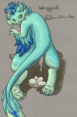 4_ears animal_genitalia anthro blue_body blue_feathers bodily_fluids cloaca cloaca_juice countershading dewclaw digitigrade egg feathered_crest feathered_wings feathers female genital_fluids genitals green_body green_eyes head_crest looking_at_viewer looking_back looking_back_at_viewer multi_ear oviposition winged_arms wings gyrotech zomzombee luvashi avali absurd_res hi_res